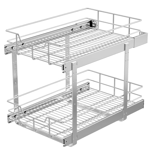 2 Tier Pull Out Cabinet Organizer 15" W X 22" D, Chromed, Full Slide Out | For Kitchen Organizers and Storage, Pull Out Drawers For Cabinets Capacity Heavy Duty Caddy, Cabinet Shelves, Bathroom Pantry - color: 2 Tier - Chrome-Plated, size: 15" W X 22" D