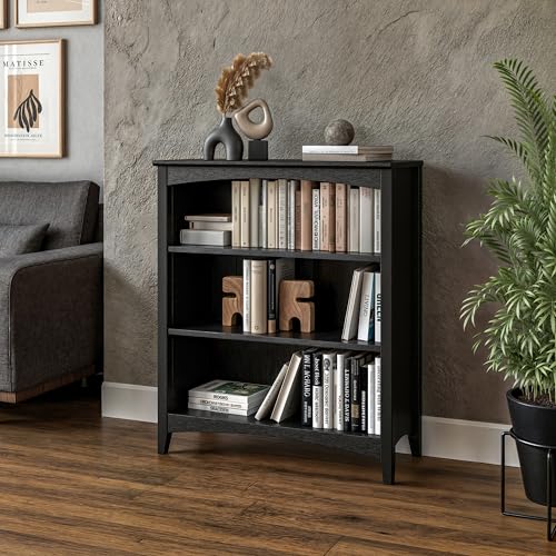 Camaflexi Shaker Style 3 Shelf Bookcase/Solid Wood / 36" High/Adjustable Shelving/Closed Back/Display Bookshelf for Living Room, Bedroom, Home and Office, Black - color: Black, size: 36"