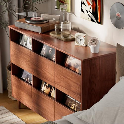 BROTTAR 47.2" Large Record Player Stand, 7“/10"/12" Vinyl Record Storage Cabinet, Mid Century Turntable Stand, Vinyl Record Holder, Media Cabinet with DVD Drawers for Living Room, Music Corner, Brown
