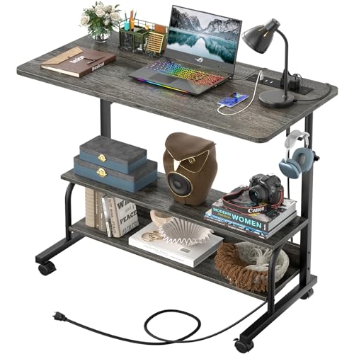 32" Height Adjustable Standing Desk with Power Outlets - Manual Rolling Stand Up Desk with Wheels Small Portable Computer Desk Mobile Laptop Table with Storage Shelves for Home Office, Grey Oak - color: Grey Oak, size: 32''