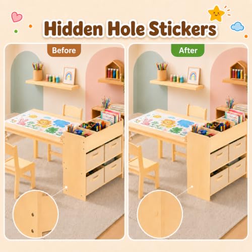 Kids Art Table & 2 Chairs Set, Wooden Activity Craft Desk w/ Paper Roll | Sturdy Wooden Table with Organizers, Open Shelves, Removable Bins, for Toddlers Art Crafts Drawing Painting Writing (Natural) - color: Natural