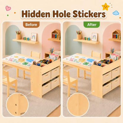 Kids Art Table & 2 Chairs Set, Wooden Activity Craft Desk w/ Paper Roll | Sturdy Wooden Table with Organizers, Open Shelves, Removable Bins, for Toddlers Art Crafts Drawing Painting Writing (Natural) - color: Natural