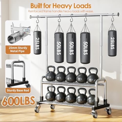 Luxspire Rolling Heavy Duty Clothes Rack with 2 Sturdy Shelves Load 600 LBS | Zinc-iron alloy frame, lockable silent wheels, adjustable extendable rods for bedroom and laundry room garment storage - color: Silver