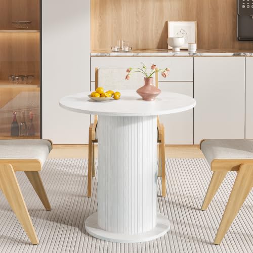 31.5 inch Round Dining Table for 2, Modern Farmhouse Kitchen Table, Small Circle Dining Tables with Wood Strip Base for Kitchen Living Room (White) - color: White