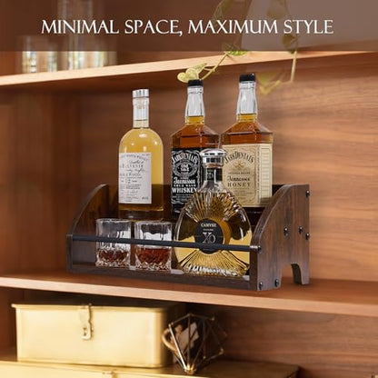 Wooden Liquor Bottle Display Shelf, 2 Tier Countertop Liquor Wine Rack, Coffee Syrup Rack Organizer, Mini Bar Home Retro Bar Shelves Stand for Bourbon Whiskey, Spirits, Alcohol Storage - size: 2 Tier
