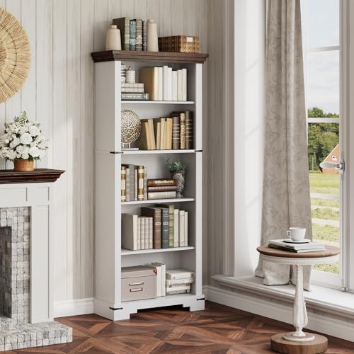 5-Tier Farmhouse Bookshelf, 61.1 inch Tall Bookcase with Storage & Unique Design & One Adjustable Shelf, Wooden Bookshelf for Study Room, Living Room, Home Office, Bedroom (White) - color: White
