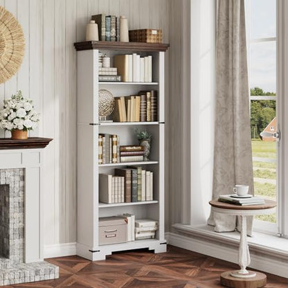 5-Tier Farmhouse Bookshelf, 61.1 inch Tall Bookcase with Storage & Unique Design & One Adjustable Shelf, Wooden Bookshelf for Study Room, Living Room, Home Office, Bedroom (White) - color: White