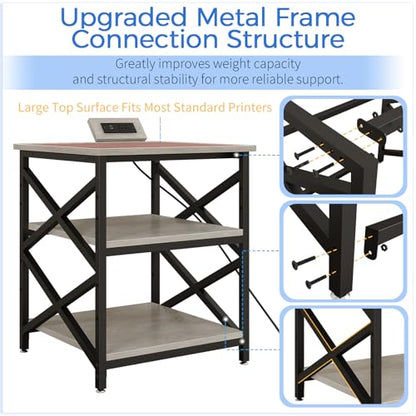 METYERRY 23.6"x23.6" Large Printer Stand with Power Outlet, 3 Tier Cart | Adjustable Shelf, Fits 3D Printers, Laser Printers and Heat Press, 200 lbs Heavy Duty, Industrial Wheels, Home Office - color: Greige