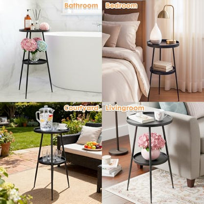 ShellKingdom Small Round Side Table, 2 Tier Metal End Table for Indoor Outdoor Bedroom Living Room Home Office Nightstand (Black) - color: Black