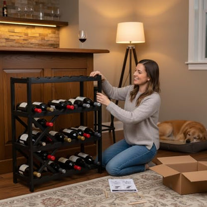 NutriChef 72 Bottle Wine Rack Stackable Bamboo Freestanding, 8-Tier Modular Shelf, Sturdy Wobble Free, Upgraded 2026 Design, Easy No-Tool Assembly for Kitchen, Cellar or Bar 33.5" x 10" x 41" (Black) - size: 72 Bottle - Black