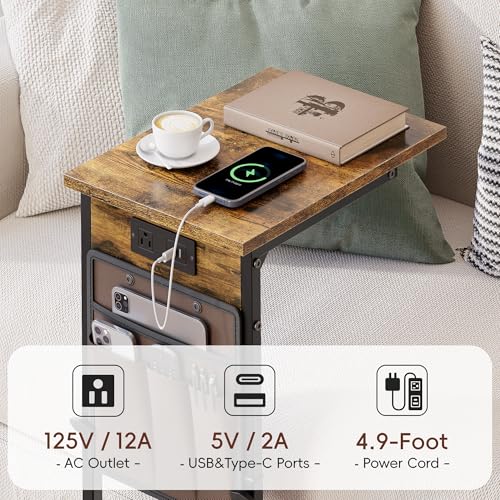 C Shaped End Table with Charging Station, Adjustable Height Side Table for Couch, Small Sofa Table with Storage Bag, Slide Under Sofa TV Tray Snack Arm Tables for Living Room, Bedroom, Brown - color: Rustic Brown, style: With Plug