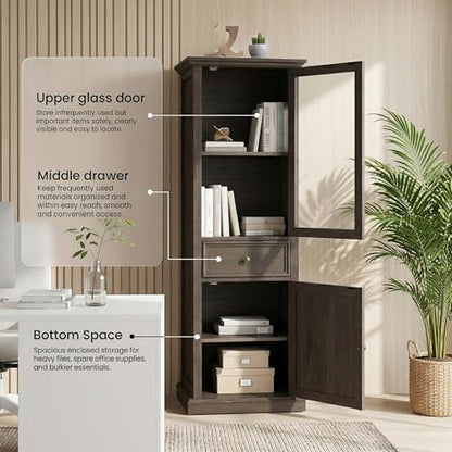 65" Tall Bookcase with Tempered Glass Door, Elegant Freestanding Display Cabinet with Drawer, Modern Wooden Kitchen Pantry Storage Cabinets for Living Room/Office(Brown) - color: Brown & 24 X 65