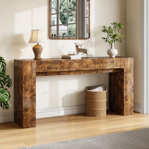 AMERLIFE 63" Burl Wood Console Table, Modern High Gloss Entryway Table with 2 Storage Drawers, Long Sofa Table Behind the Couch for Entrance, Hallway, Foyer, Living Room, Brown - color: Brown