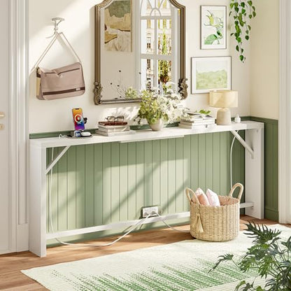 TIQLAB Sofa Table, 79 inch (1.2'' Thickness) Long Console Table Behind Couch, Narrow Entryway Table with Angled Metal Frame, Industrial Console Table, White - color: White, size: 79''L x 5.9''W x 31.5''H