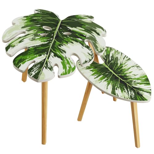 BAMEOS Monstera Leaf Nesting Tables Set of 2, Small Side Tables f Set with Leaf Vein Pattern, Modern Wooden CoffeeTables for Living Room Bedroom Apartment Balcony Yard - color: White Monstera