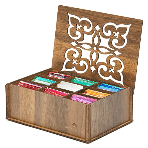 RoyalHouse Premium Wood Tea Storage Box Organizer, 9 Compartments Walnut | Eco Friendly Design, Decorative Storage Box, Multi Functional Organizer, Perfect for Tea Bags & Small Items - color: Walnut