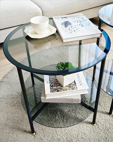 Tempered Glass End Table: 2-Tier Round Nightstand 20 inch High Grey | Circle Side Table 4 Legs Home Decor for Living Room Bedroom - size: Height - 20 inch