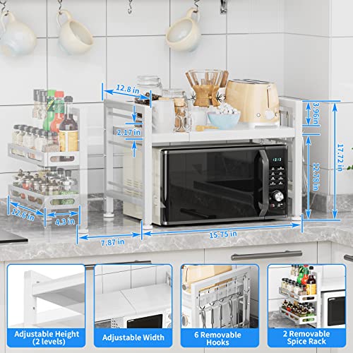 YIUKEA Over the Microwave Shelf - Adjustable Countertop Stand 2 Tier Rack (L15.723.6" xW12.8 xH17.7) with Spice Organizer and 6 Hooks for Kitchen White - color: White with Spice Rack