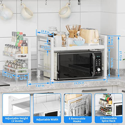YIUKEA Over the Microwave Shelf - Adjustable Countertop Stand 2 Tier Rack (L15.723.6" xW12.8 xH17.7) with Spice Organizer and 6 Hooks for Kitchen White - color: White with Spice Rack