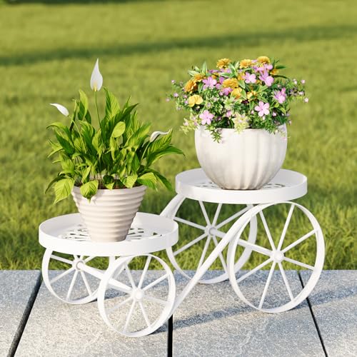 Cute Plant Stand Indoor Outdoor 2-Tier Metal Heavy Duty Flower Pot Holder with Decorative wagon wheels, Multi-Use Planter Display Rack Shelf for Garden Patio Balcony Porch Bedroom Living Room Corner (White) - color: White