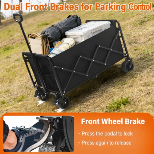 Wagons Carts Foldable, 500 lb 220L Collapsible Wagon with Brakes | Heavy folding wagon for groceries, camping, beach, outdoor hauling; large storage, brake control and compact folding design - color: Charcoal