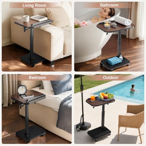 C Table End Table Adjustable Height, Rolling TV Tray Table for Small Spaces 180° Flip-Over Panel Design & 360° Swivel Casters, C Shaped Side Tables for Couch for Living Room, Bedroom, Bed, Sofa, Snack - color: Brown