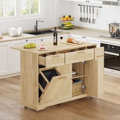 IDEALHOUSE 53.1" Rattan Kitchen Island with Storage, Rolling Dining Cart with Trash Storage Cabinet, Mobile Island Cart with Drop Leaf, Adjustable Shelves, Drawer, 5 Wheels (Natural) - color: Natural