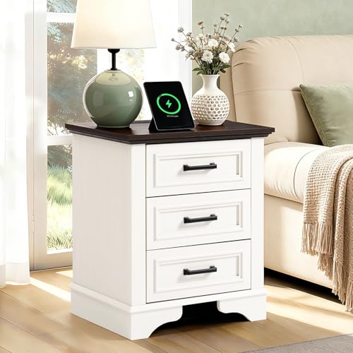22" Modern Nightstand Charging 3 Drawers End Table Bedroom Office White | Built-in USB & Type-C charge overnight, 3 large drawers, simple design for bedroom/office, sleek white wood. - color: White, size: 16"D x 22"W x 24"H (3 Drawers)