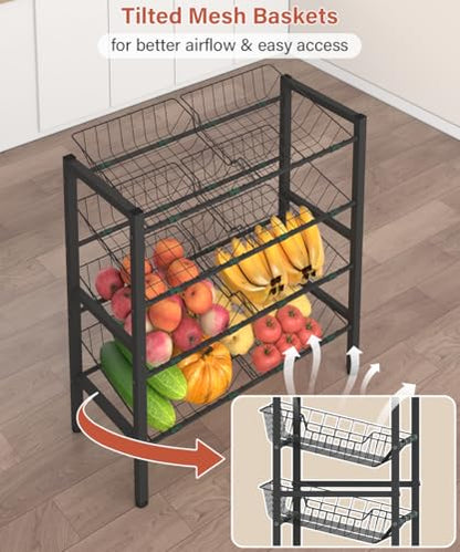 4-Tier Fruit and Vegetable Storage Rack with 8 Removable Baskets, Small Kitchen Island, Pantry Floor Organizer Stand Shelves for Snack Onion Potato Storage, Black - style: 8 Baskets-Black