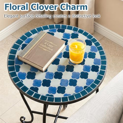 Giantex Outdoor Side Table, Floral Clover Mosaic Patio Accent Table, 14" Coffee End Table, Indoor Outdoor Metal Plant Stand for Porch Garden Balcony Desk, Metal Cobalt Glass Top - style: Floral Clover