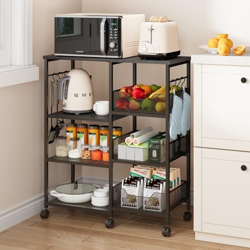 SWTYMIKI Kitchen Island Cart on Wheels - 4 Tier Rolling Kitchen Table Cart with Storage Shelves, 6 Removable Hooks& Locking Casters, Coffee Bar Cabinet for Dining Room Pantry Office, Black - size: 28x11.81in, style: Black