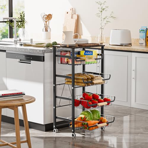 JAQ 5-Tier Fruit Vegetable Storage Cart with Wood Top, Rolling Kitchen Basket Organizer with Ergonomic Wood Handle & Wheels for Snacks Produce, Heavy Duty Metal Vianderos para Cocina Modernos, Black - color: 5-tier/Black