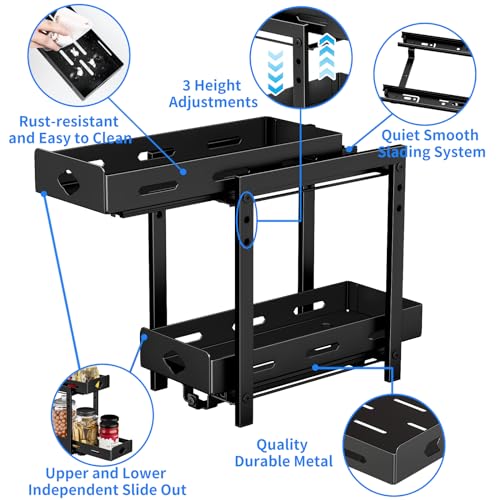 BOIVSHI Pull Out Spice Rack Organizer, 2-Tier Vertical Spice Rack, Height Adjustable for Kitchen Cabinet (5.3''Wx10.8''Dx9.2''H, Metal Black) - size: 5.3''Wx10.8''Dx9.2''H,2 Tier