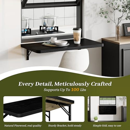 Dogsky 24" x 14" Floating Wall Desk, Fold Down Wall Table - 100 lbs Heavy Duty Solid Pine Wall Mount Folding Desk for Home Office, Laundry Room, Kitchen & Small Apartment, Black - color: Black, size: 24'' x 13.7'' x 6.3''