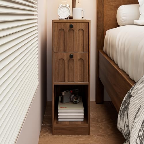 Narrow Walnut Nightstand with Arched Drawer, Small Bedside Table, Wood Slim Nightstand, Skinny Side End Table, Mid Century Modern Night Stand for Bedroom, Small Spaces, Vintage, 1 Pc - color: Z03-walnut-1 Pc