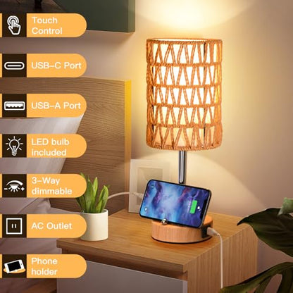 Rattan Table Lamps for Living Room, 3 Way Dimmable Touch Lamps, Small Bedside Lamps with LED Bulbs, Phone Stand, USB Ports and AC Outlet, Boho Nightstand Lamp for Bedroom Office (2 Pack Faux Wood) - size: 2 Pack Faux Wood