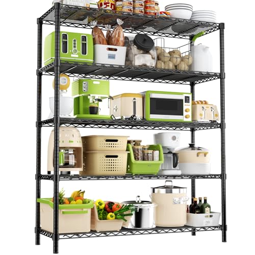 Storage Shelves, 48" L x 20" W x 72" H Heavy Duty Garage Wire Shelving Unit Loads 2000LBS, 5-Tier Adjustable Metal Industrial Utility Shelf Rack for Kitchen, Laundry Room, Basement - color: Black, size: 48" L x 20" W x 72" H