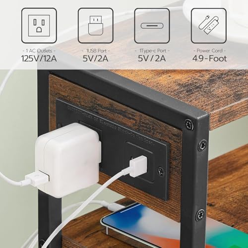 HOOBRO Small Narrow Side Table, Narrow End Table with Charging Station, Extra Slim Nightstand with Storage, Skinny End Table for Small Spaces for Living Room, Rustic Brown and Black BF125UBZ01