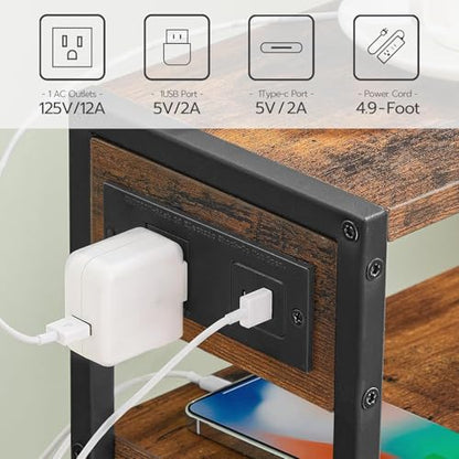 HOOBRO Small Narrow Side Table, Narrow End Table with Charging Station, Extra Slim Nightstand with Storage, Skinny End Table for Small Spaces for Living Room, Rustic Brown and Black BF125UBZ01
