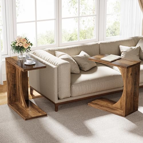 Tribesigns Set of 2 C-Shaped End Table for Couch, Small Bedside Table for Sofa, Wooden Nightstand for Living Room Bedroom Laptop Work Desk (2, Rustic Brown) - color: Rustic Brown
