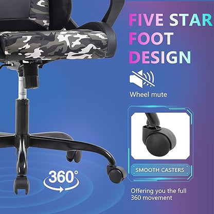 PayLessHere Ergonomic Racing Desk Chair Gaming Chair Computer Chair with Armrests 360° Swivel & Caster Pu Desk Task Chair Executive Headrest Lumbar Support for Back Pain Women Men and Adults (Camo) - color: Camo