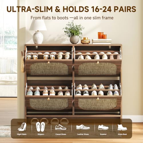 Nicetree Freestanding Ultra Slim Arched Rattan Accent Shoe Storage Cabinet for Entryway - 4 Flip Drawers & 3-Tier Adjustable Shelves, Farmhouse Modern Rustic Shoe Rack for Hallway, Foyer Oak - color: Caramel
