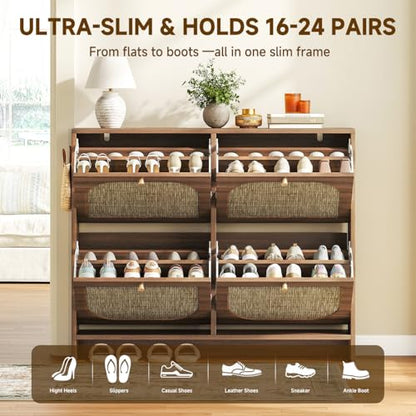 Nicetree Freestanding Ultra Slim Arched Rattan Accent Shoe Storage Cabinet for Entryway - 4 Flip Drawers & 3-Tier Adjustable Shelves, Farmhouse Modern Rustic Shoe Rack for Hallway, Foyer Oak - color: Caramel