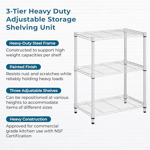 Honey-Can-Do 3-Tier White Wire Shelf, NSF, 250 lb/Shelf, 14x24x30 in | 750 lb total; NSF-certified steel; adjustable rust-resistant shelves for closet, kitchen & garage; no tools needed - color: White, size: 250 lbs per shelf