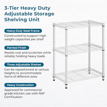 Honey-Can-Do 3-Tier White Wire Shelf, NSF, 250 lb/Shelf, 14x24x30 in | 750 lb total; NSF-certified steel; adjustable rust-resistant shelves for closet, kitchen & garage; no tools needed - color: White, size: 250 lbs per shelf