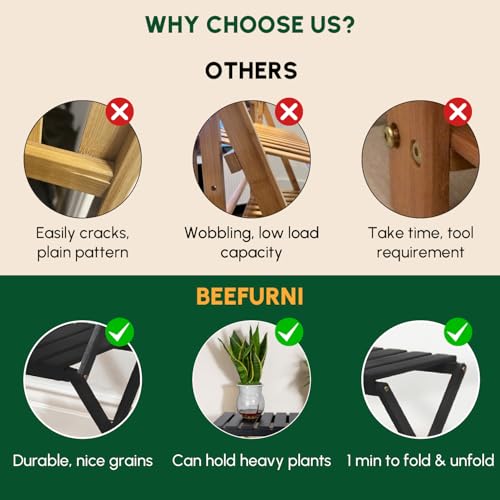 3-Tier Foldable Acacia Wood Ladder Plant Stand & Corner Rack Black | 4-tier indoor & outdoor wooden plant ladder, foldable corner design, tall plant rack, perfect for office, balcony & garden