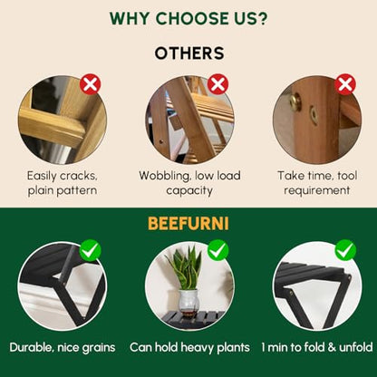 3-Tier Foldable Acacia Wood Ladder Plant Stand & Corner Rack Black | 4-tier indoor & outdoor wooden plant ladder, foldable corner design, tall plant rack, perfect for office, balcony & garden