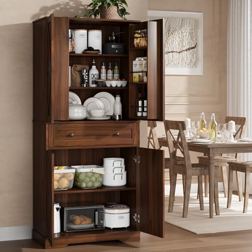 Garvee 71" Kitchen Pantry Cabinet, Barn Door Freestanding Cupboard with Drawer, Sliding Storage Rack, and 6 Hanging Shelves for Kitchen, Dining Room, Living Room Bedroom - color: Walnut