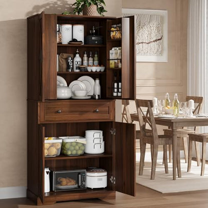 Garvee 71" Kitchen Pantry Cabinet, Barn Door Freestanding Cupboard with Drawer, Sliding Storage Rack, and 6 Hanging Shelves for Kitchen, Dining Room, Living Room Bedroom - color: Walnut