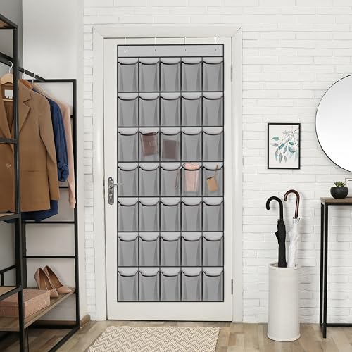WVM Over the Door Shoe Organizer with 35 Breathable Mesh Pockets, Hanging Shoe Organizer for Door with 4 Metal Hooks, Large Capacity Closet Storage for Shoes, Accessories, Grey - style: Grey
